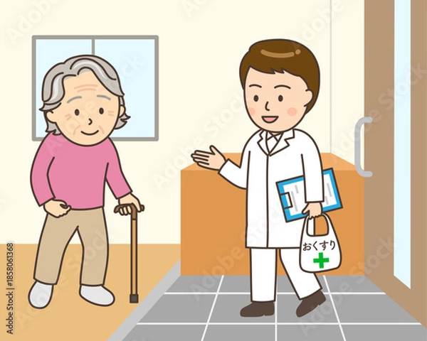 Obraz 在宅医療で自宅を訪ねる男性薬剤師と玄関で対応するおばあさん
