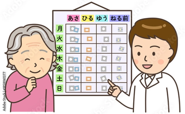 Obraz 在宅医療でお薬カレンダーを確認する男性薬剤師とおばあさん