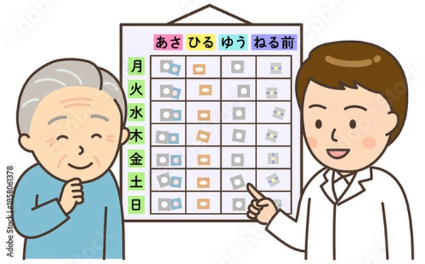 Obraz 在宅医療でお薬カレンダーを確認する男性薬剤師とおじいさん