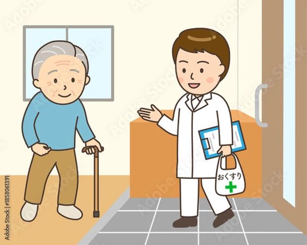 Obraz 在宅医療で自宅を訪ねる男性薬剤師と玄関で対応するおじいさん