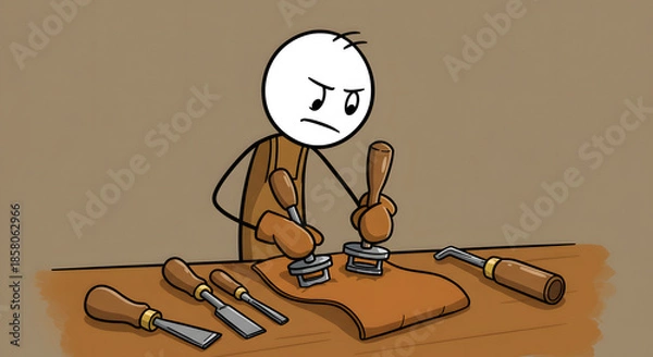 Obraz Cartoon stick figure artisan crafting leather goods by hand with traditional tools on a workbench, showcasing craftsmanship and dedication.