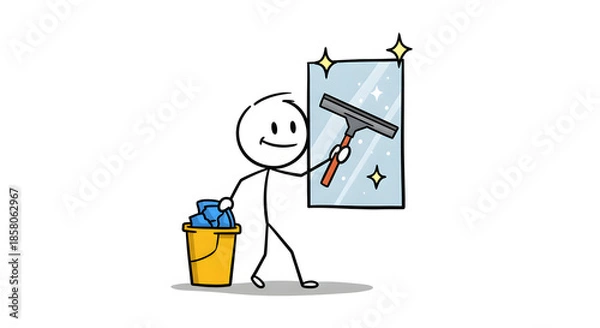 Obraz Cartoon stick figure cleaning sparkling window with squeegee and bucket. Household chores and cleaning services concept.
