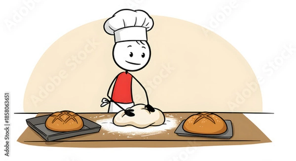 Obraz Cartoon Baker Kneading Dough and Baking Fresh Bread Loaves