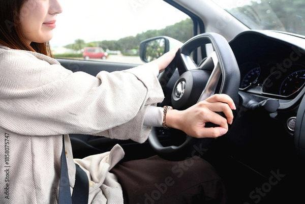 Obraz 車を運転するアジア人女性のドライブ風景