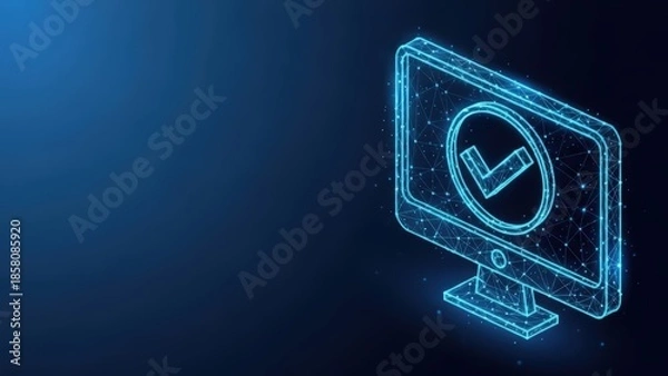 Obraz Glowing digital computer screen displaying a verified checkmark icon for successful task completion