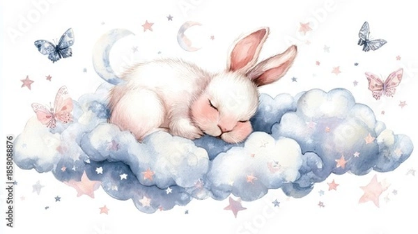 Fototapeta A whimsical illustration of a white rabbit sleeping soundly on a fluffy cloud, surrounded by stars and crescent moons, with butterflies