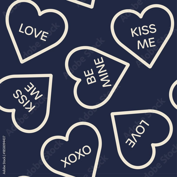 Obraz シンプルなハートと愛の文言が書かれたブラックネイビーとベージュのシームレスパターン