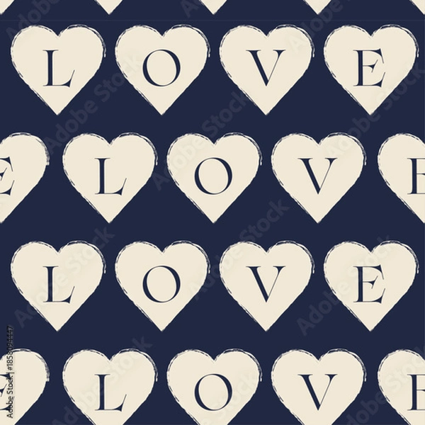 Obraz 落ち着いたクールなブラックネイビーの背景色に手書きのかすれたハートとLOVEの文字入りシームレス背景素材