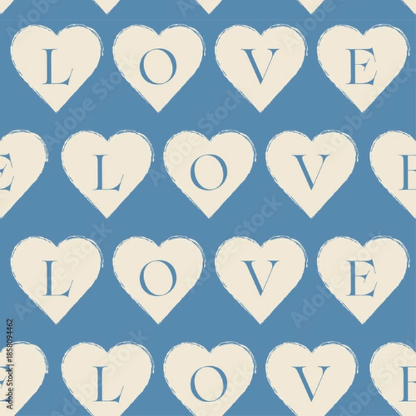 Obraz 優しいおしゃれなくすみブルーの背景色に手書きのかすれたハートとLOVEの文字入りシームレス背景素材