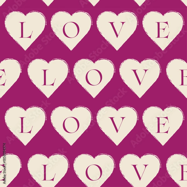Obraz 落ち着いた甘い印象のマゼンダの背景色に手書きのかすれたハートとLOVEの文字入りシームレス背景素材