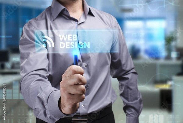 Obraz The concept of business, technology, the Internet and the network. A young entrepreneur working on a virtual screen of the future and sees the inscription: Web design