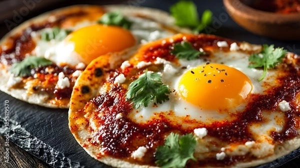 Obraz Close up of huevos rancheros on a black slate plate with cilantro and a wooden bowl in the background