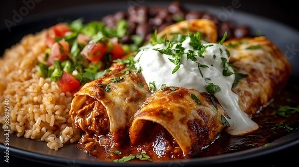 Obraz Close up of enchiladas with rice beans salsa and sour cream on a dark plate ready to be served