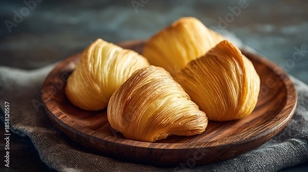 Obraz Four sfogliatella pastries on a wooden plate with a gray linen cloth in a close up shot