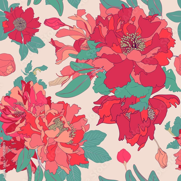 Fototapeta Red Rose Seamless Botanical Vector Background