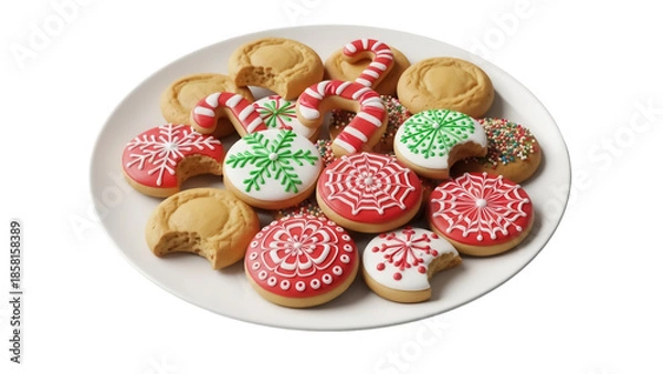 Obraz Festive Christmas cookies on a plate isolated PNG, holiday treats with red, green, and white icing for seasonal baking projects