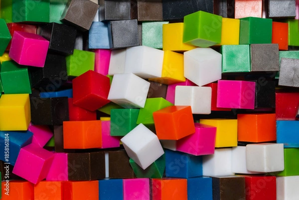Obraz Colorful small plastic cubes placed randomly for background use.