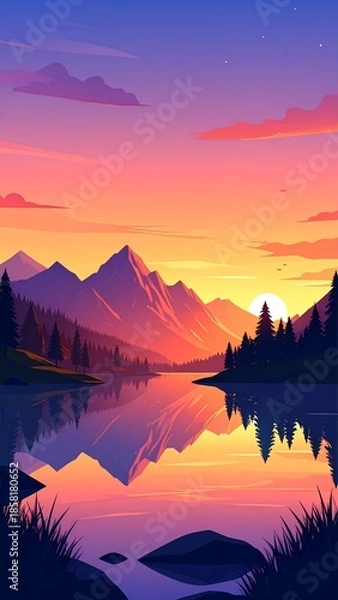 Obraz Vibrant Sunset over Mountain Lake with Forest Reflection.