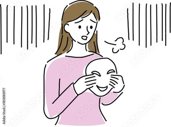 Fototapeta 笑顔の仮面を外してため息をつく女性ゆるい線画