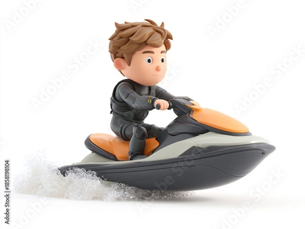 Fototapeta These 3D cartoon illustrations feature a small child and a large man riding sleek personal watercraft. They wear goggles and vests while splashing through crisp white water.
