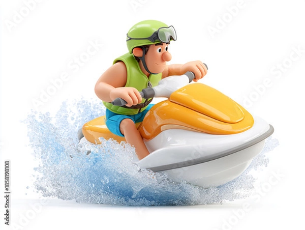 Fototapeta These 3D cartoon illustrations feature a small child and a large man riding sleek personal watercraft. They wear goggles and vests while splashing through crisp white water.
