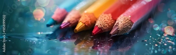 Fototapeta Colorful pencils with sharp tips on a reflective surface