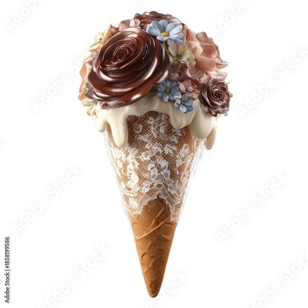 Fototapeta Decorated Ice Cream Cone with Flowers and Lace chocolate