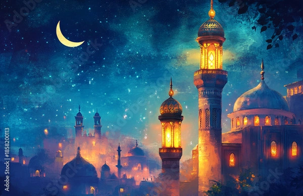 Fototapeta Image for Ramadan, featuring a glowing lantern and a mosque silhouette under a crescent moon, creating a serene, spiritual atmosphere.