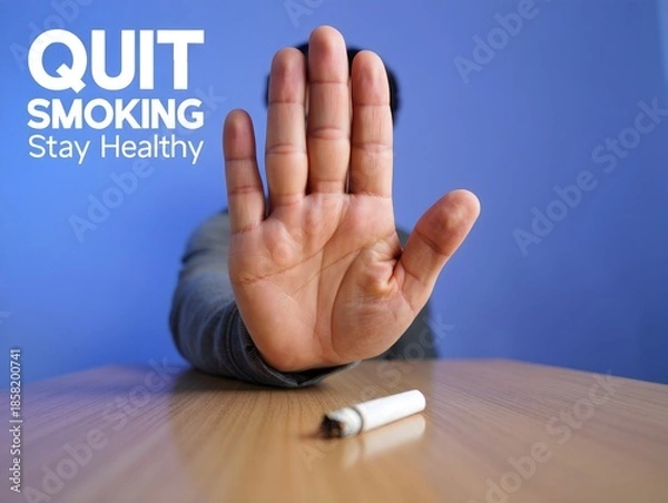 Obraz Stop Smoking - Hand Blocking Cigarette on Table