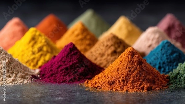 Obraz Raw, Texture,Holi Festival Colors,Vibrant Organic Mineral Pigment Macro, Abstract Colorful Granular Powder Texture, Artisan Cosmetic Raw Material Backdrop,