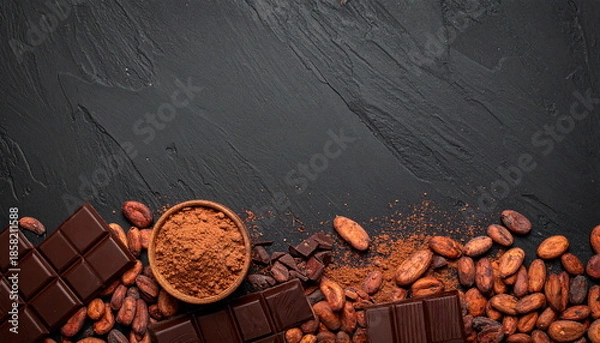 Obraz チョコレートとカカオ豆の黒背景フレーム  高級感のあるバレンタイン素材