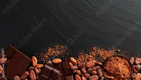 Obraz チョコレートとカカオ豆の黒背景フレーム  高級感のあるバレンタイン素材