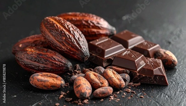 Obraz チョコレートとカカオ豆の黒背景  高級感のあるバレンタイン素材