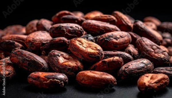 Fototapeta 黒背景に焙煎されたカカオ豆　チョコレートの原料イメージ