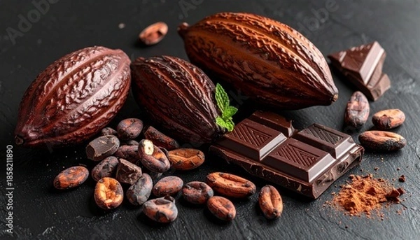 Obraz チョコレートとカカオ豆の黒背景  高級感のあるバレンタイン素材