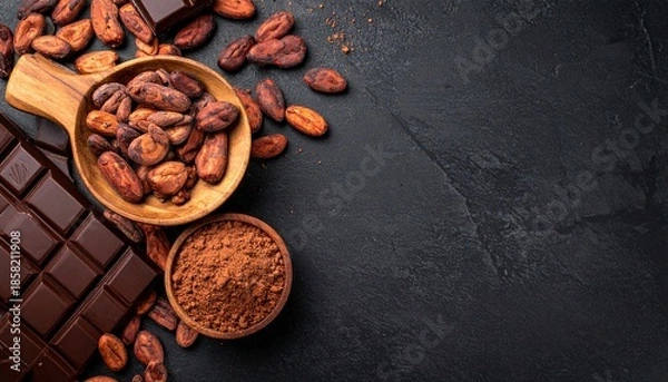 Fototapeta チョコレートとカカオ豆の黒背景フレーム  高級感のあるバレンタイン素材