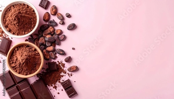 Obraz チョコレートとカカオ豆のピンク背景フレーム  バレンタイン素材