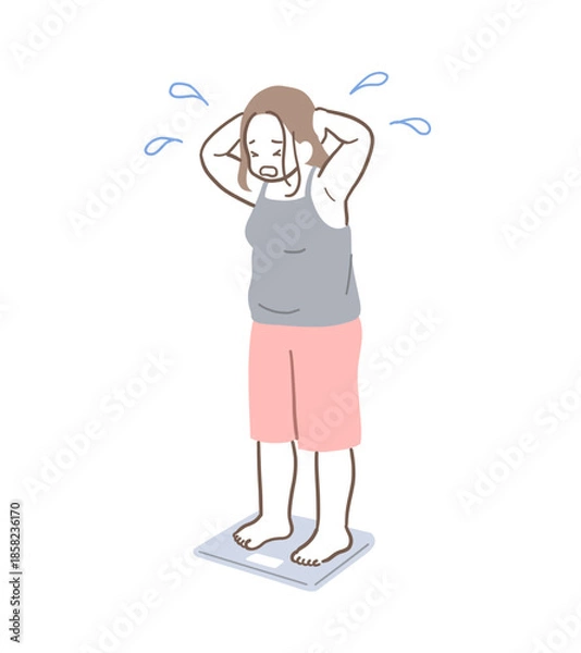 Obraz 体重計に乗って落ち込む女性のイラスト素材