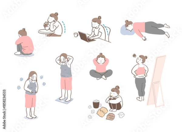 Obraz 
ぽっちゃり体型の女性のライフスタイルイラストセット