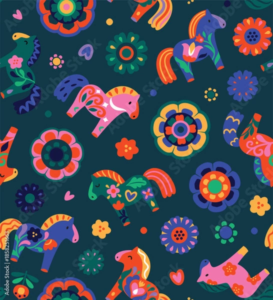 Fototapeta Seamless pattern with Dala Horses and flowers