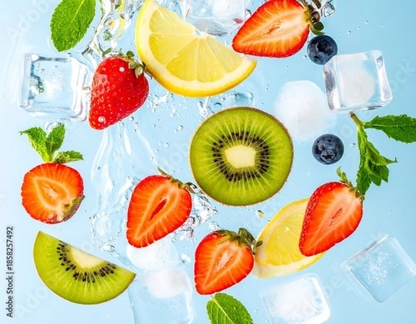 Obraz Fresh fruits and ice cubes in refreshing summer splash