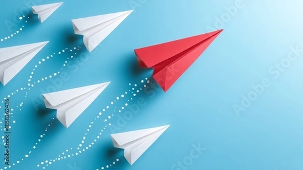 Obraz Paper Airplanes Competing in Flight, Studio Setting, Dynamic Viewpoint