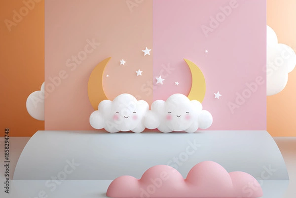 Obraz パステル調のふわふわ雲が広がる癒しの背景イラスト（3D）