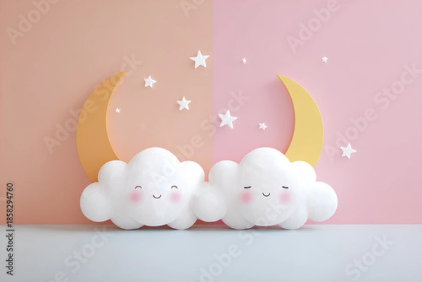 Obraz パステル調のふわふわ雲が広がる癒しの背景イラスト（3D）