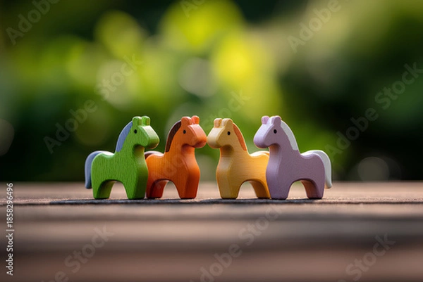 Obraz 草原を走るカラフルな木工シマウマたちの癒し風景（3D）
