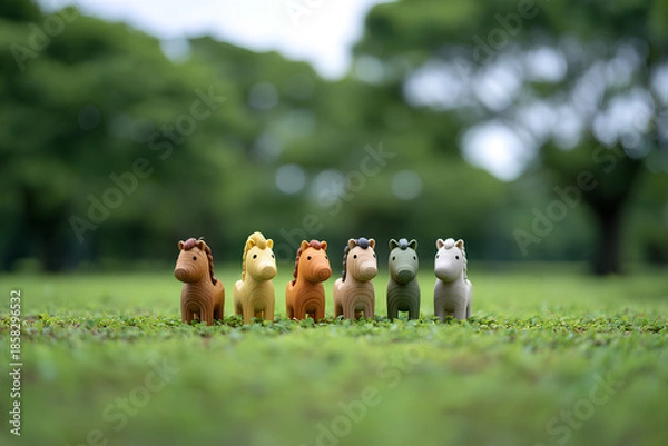 Obraz 草原を走るカラフルな木工シマウマたちの癒し風景（3D）
