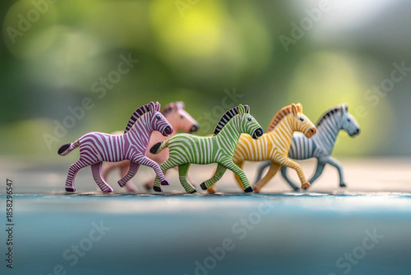 Obraz 草原を走るカラフルな木工シマウマたちの癒し風景（3D）
