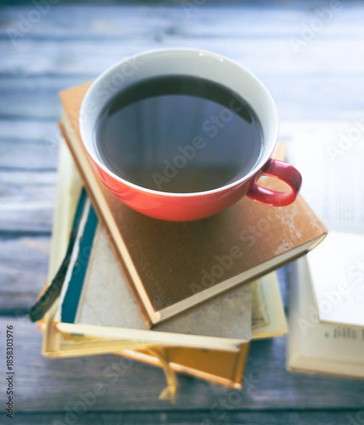 Obraz Eine Tasse Tee auf einem Stapel Bücher