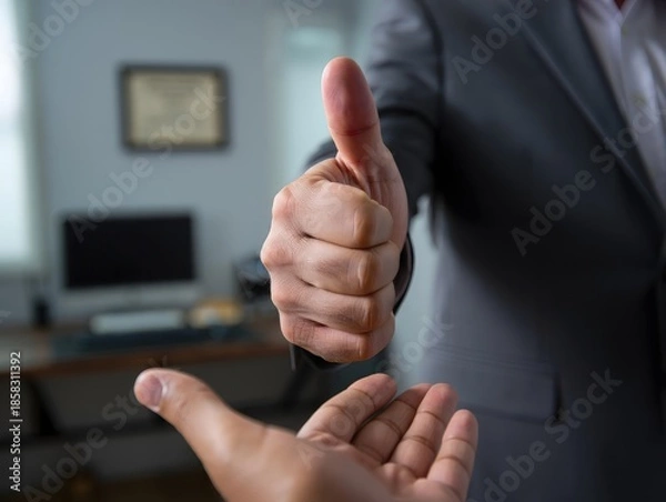 Obraz Businessman Giving Thumbs Up to Hand in Office Setting