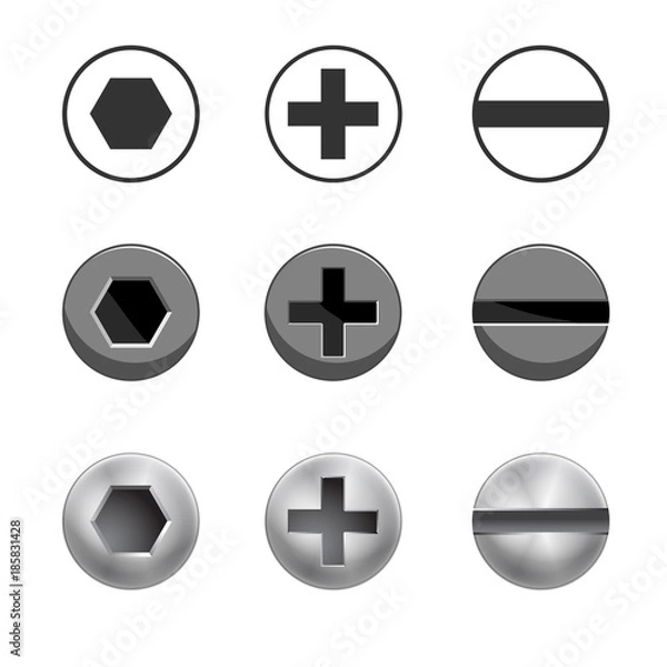 Fototapeta A set of metal shiny screws and bolts for use in your designs